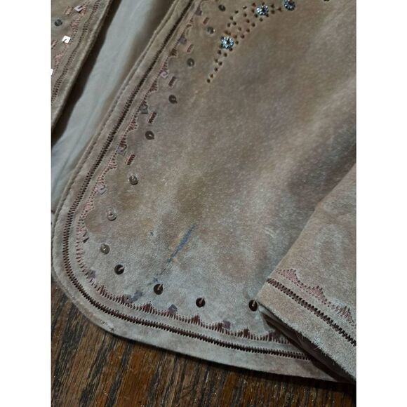 Chicos Size 1 Medium Size 8 Tan Suede Leather Open Front Jacket Blazer Embellish - Picture 4 of 8